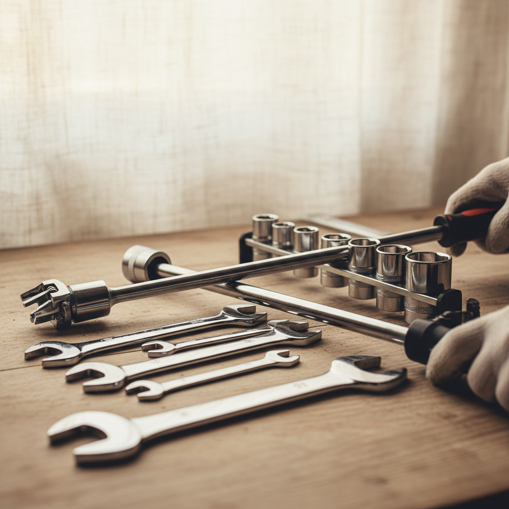 professional automotive tools arranged on a workbench: wrenches, sockets, torque tools